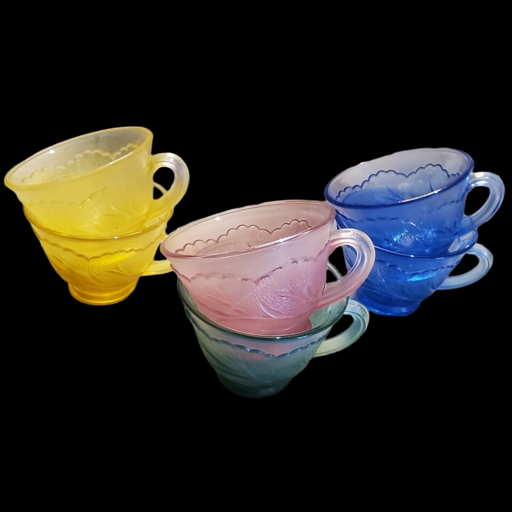 Indiana Glass Pebble Leaf Cups Set 6 Blue Yellow Green Pink SPRING BRIDGERTON
